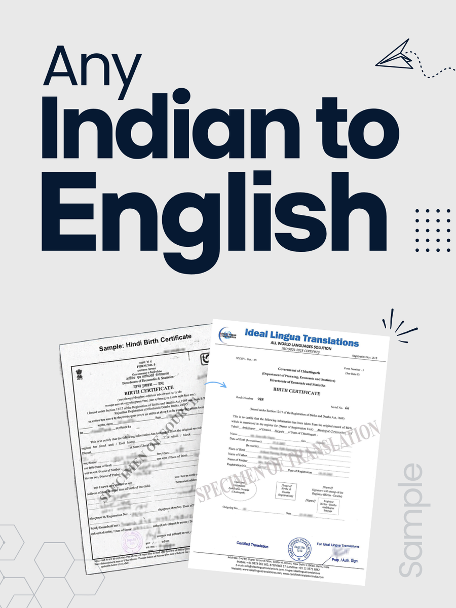 Any Indian language to English Certified Translation of Birth Certificate, Marriage Certificate and other Documents