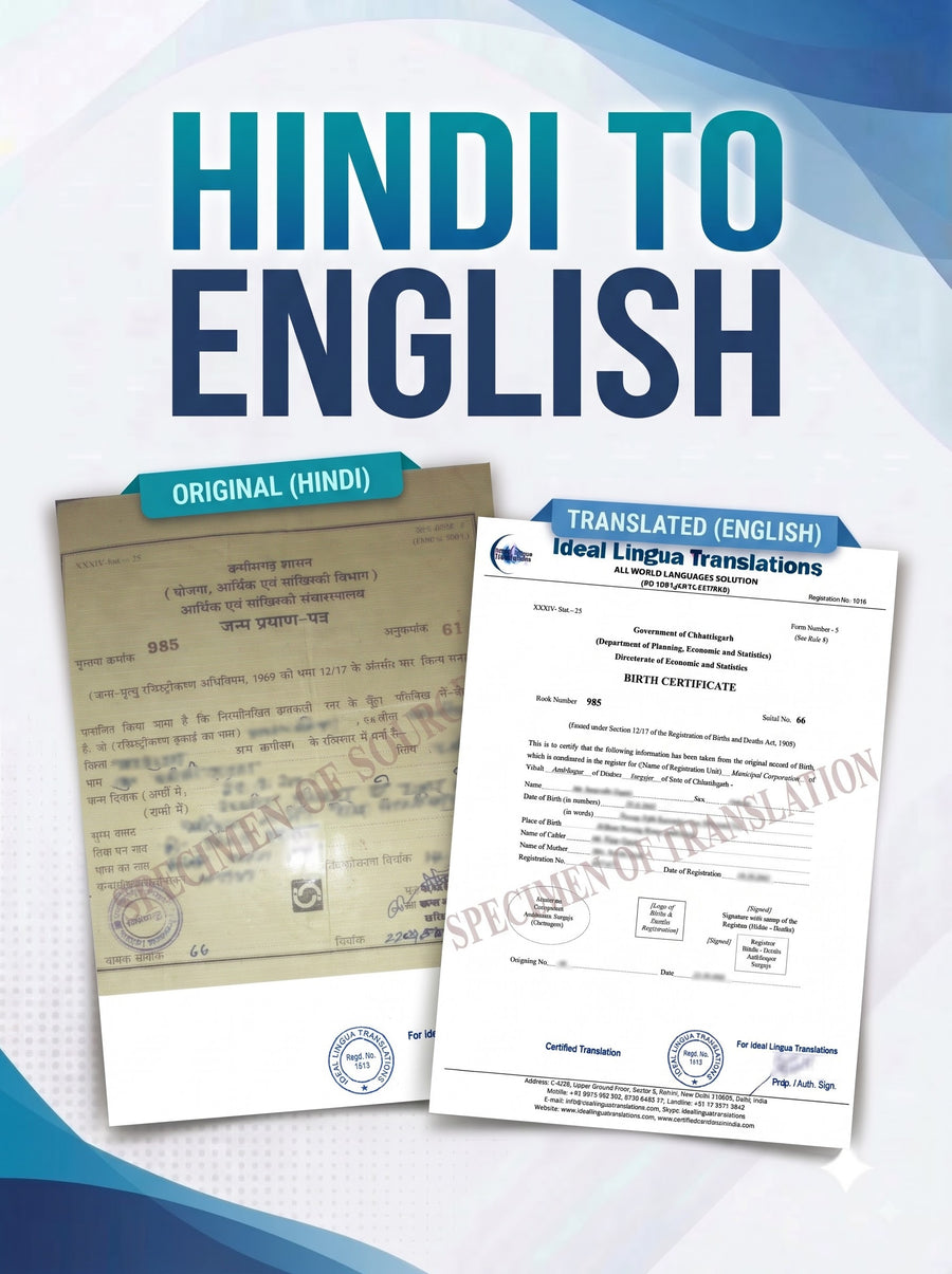 Hindi to English Certified Translation of Birth Certificate, Marriage Certificate and other Documents