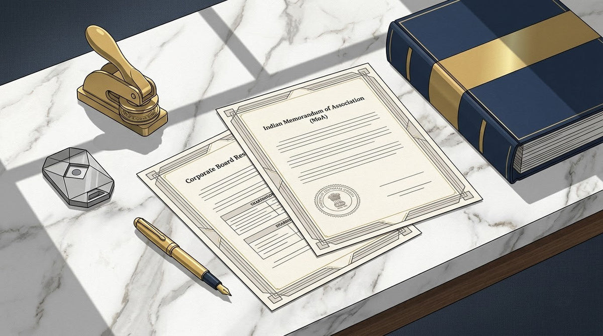 Illustration of an Indian Memorandum of Association on a marble executive desk with a corporate embosser and banking token for foreign subsidiary certified translation.