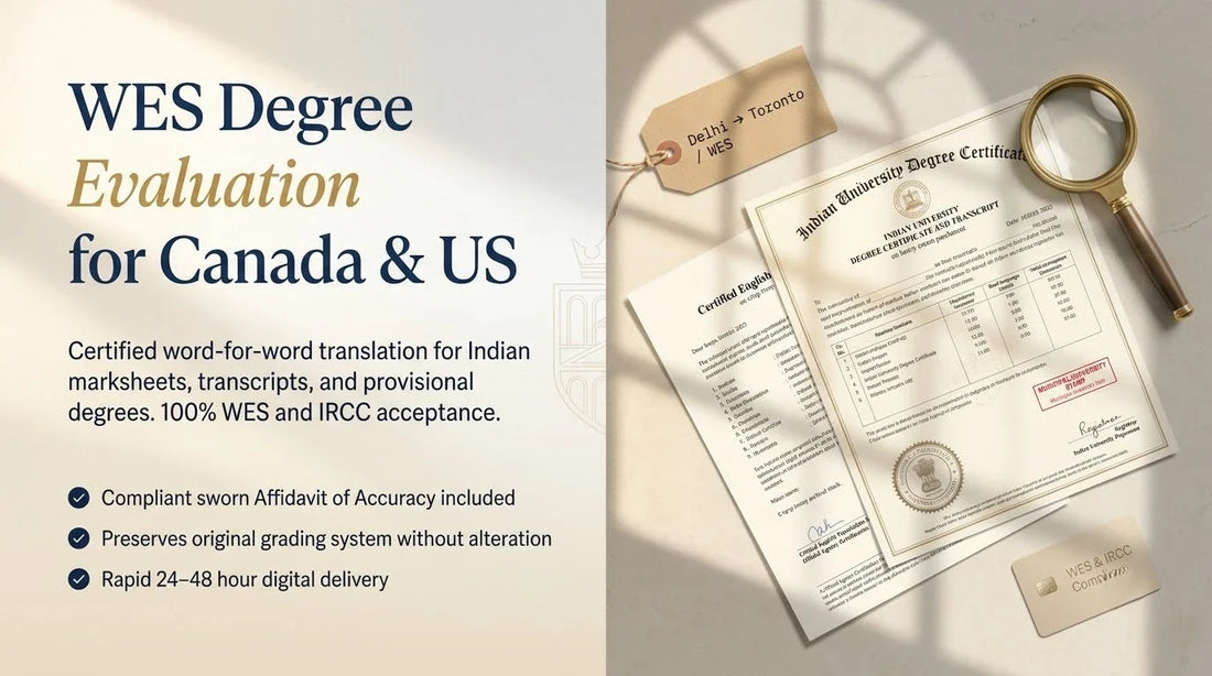 Editorial split banner of an Indian University Degree Certificate and Certified Translation with a brass loupe for WES ECA evaluation.