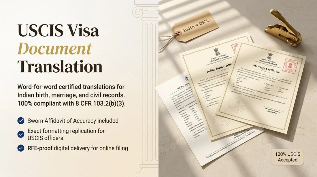 Editorial split banner of an Indian Birth Certificate and Certified Translation with a brass notary embosser for USCIS immigration compliance.