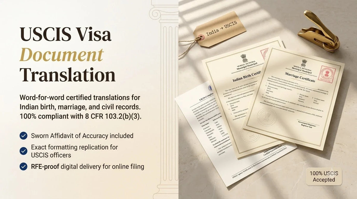 Editorial split banner of an Indian Birth Certificate and Certified Translation with a brass notary embosser for USCIS immigration compliance.