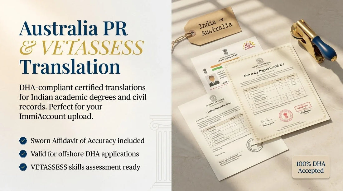 Editorial split banner of an Indian Degree Certificate and Certified Translation for Australia PR and VETASSESS compliance.