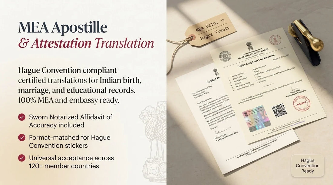 Editorial split banner of an MEA Apostilled Indian Document and Certified Translation with a brass notary embosser for Hague Convention compliance.