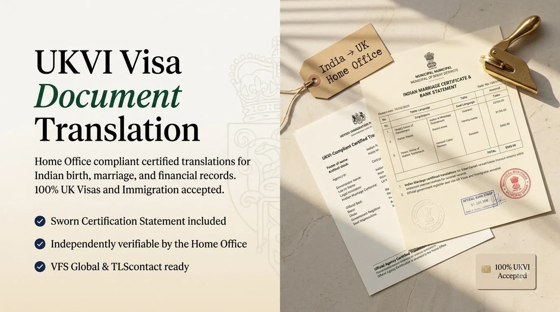 Editorial split banner of an Indian Marriage Certificate and Certified Translation with a brass embosser for UKVI Home Office compliance.