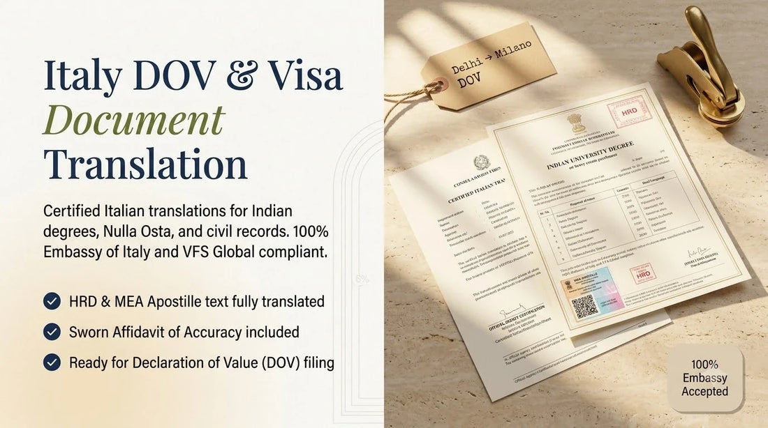 Editorial split banner of an Indian Degree with MEA Apostille and Certified Italian Translation for Declaration of Value (DOV) and VFS compliance.