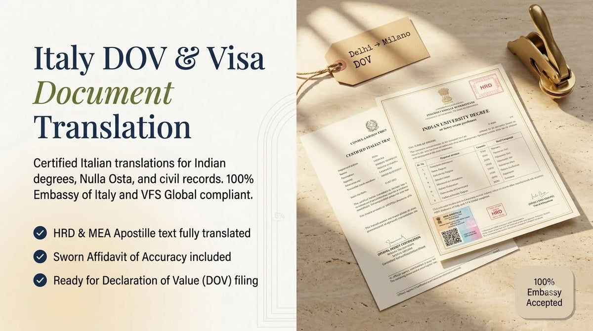 Editorial split banner of an Indian Degree with MEA Apostille and Certified Italian Translation for Declaration of Value (DOV) and VFS compliance.