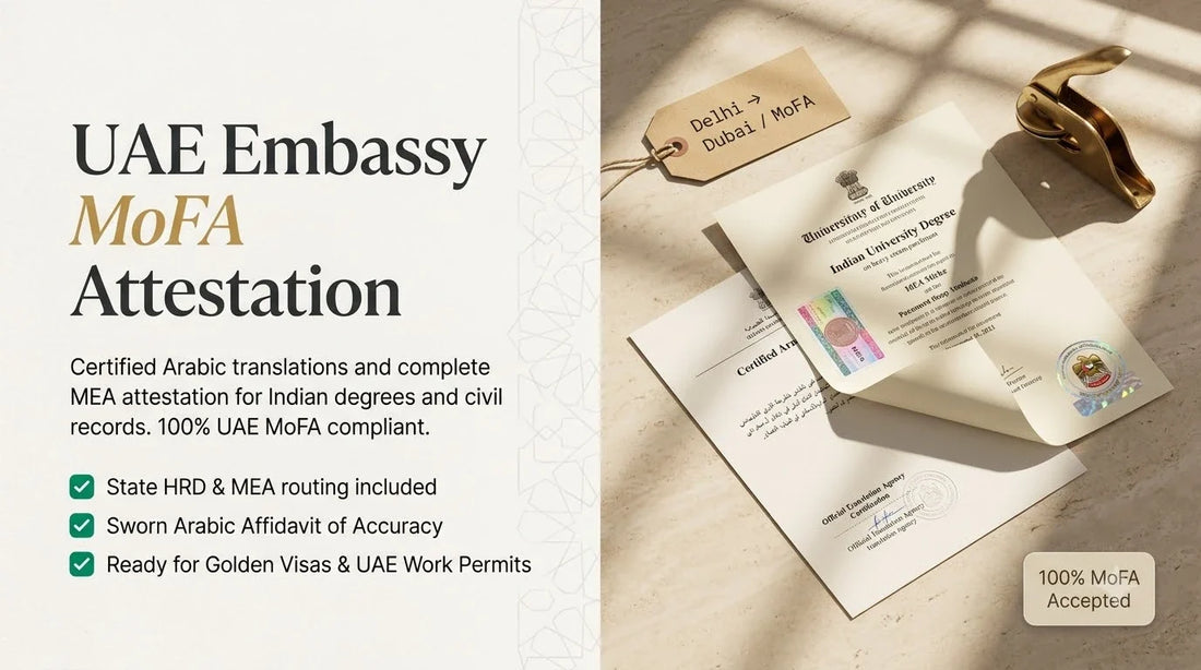 Editorial split banner of an Indian Degree with UAE Embassy Attestation and Certified Arabic Translation for MoFA compliance.