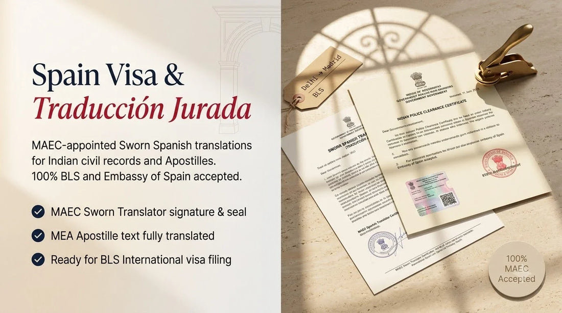 Editorial split banner of an Indian Police Clearance Certificate with MEA Apostille and a Sworn Spanish Translation (Traducción Jurada) for BLS visa compliance.