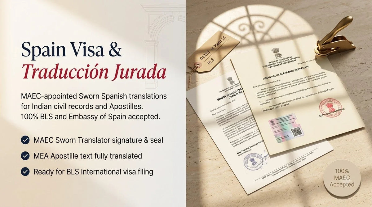 Editorial split banner of an Indian Police Clearance Certificate with MEA Apostille and a Sworn Spanish Translation (Traducción Jurada) for BLS visa compliance.