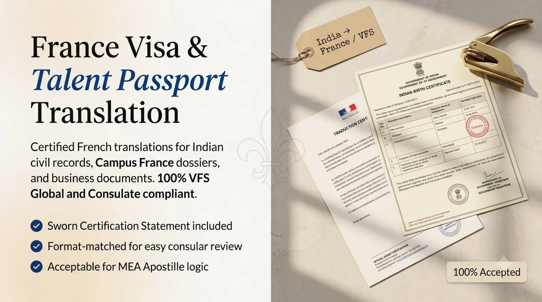 Editorial split banner of an Indian Birth Certificate and Certified French Translation with a brass notary embosser for France visa compliance.