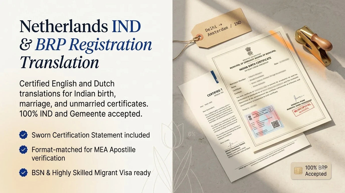 Editorial split banner of an Indian Birth Certificate with an MEA Apostille and Certified Translation for Netherlands IND and BRP registration.