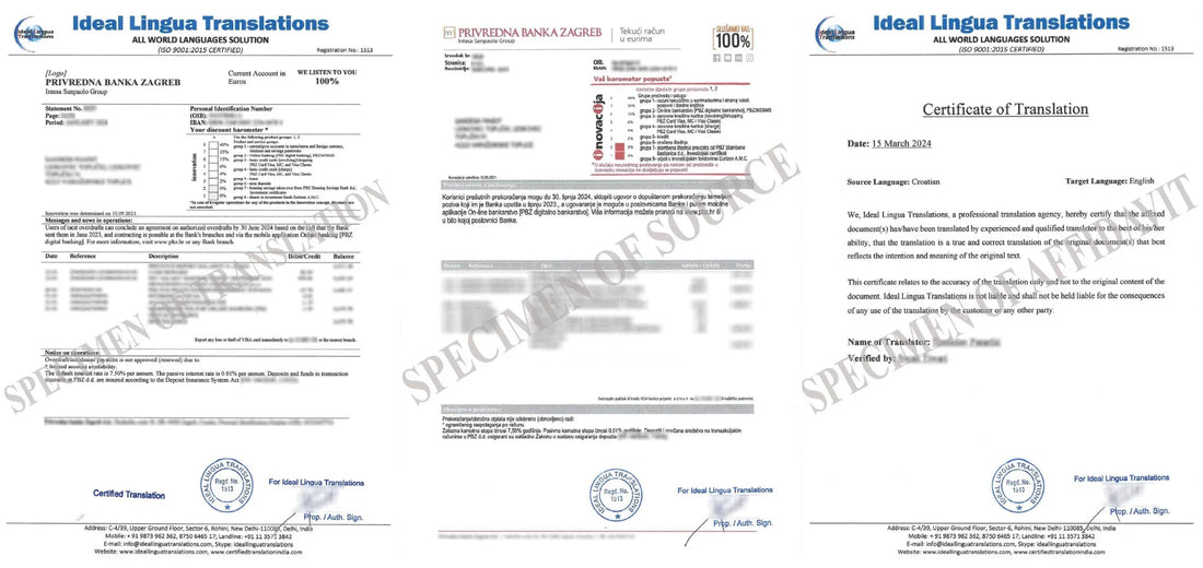 Real example of a Certified English Translation of a Croatian Payslip (Platna lista / Obračun plaće) with official agency stamps for Indian bank loan approval.