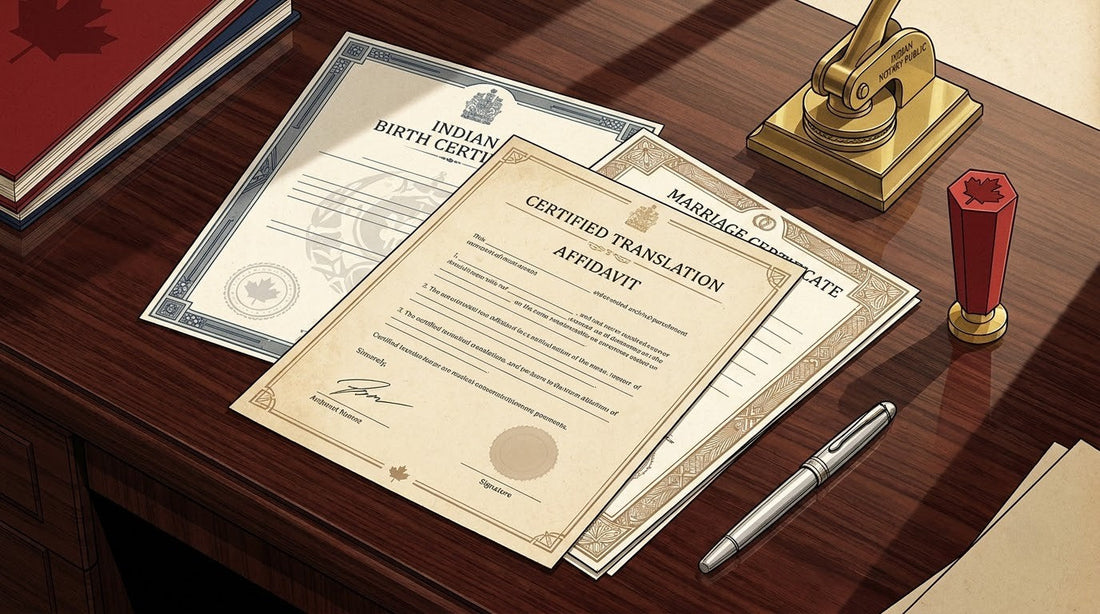 Illustration of a Certified Translation Affidavit on a mahogany desk with a notary embosser and red wax seal for IRCC Canada PR Express Entry.