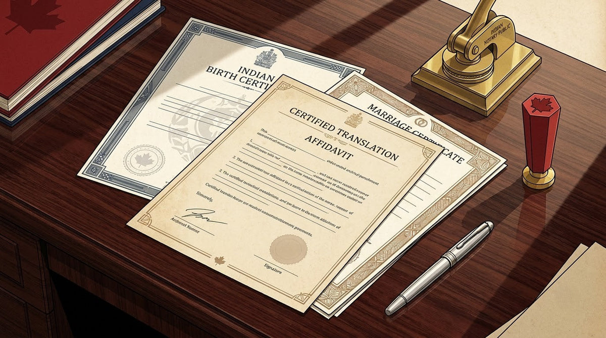 Illustration of a Certified Translation Affidavit on a mahogany desk with a notary embosser and red wax seal for IRCC Canada PR Express Entry.