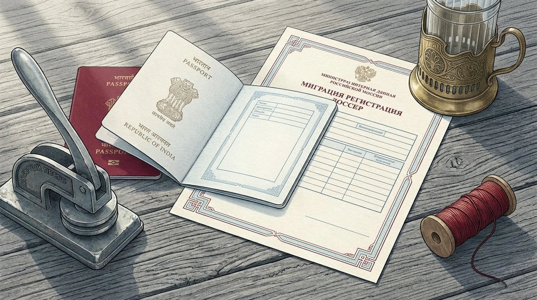 Illustration of an Indian Passport on a weathered grey driftwood university registration desk with a Cyrillic notary press and red binding thread for Russian student visa translation.