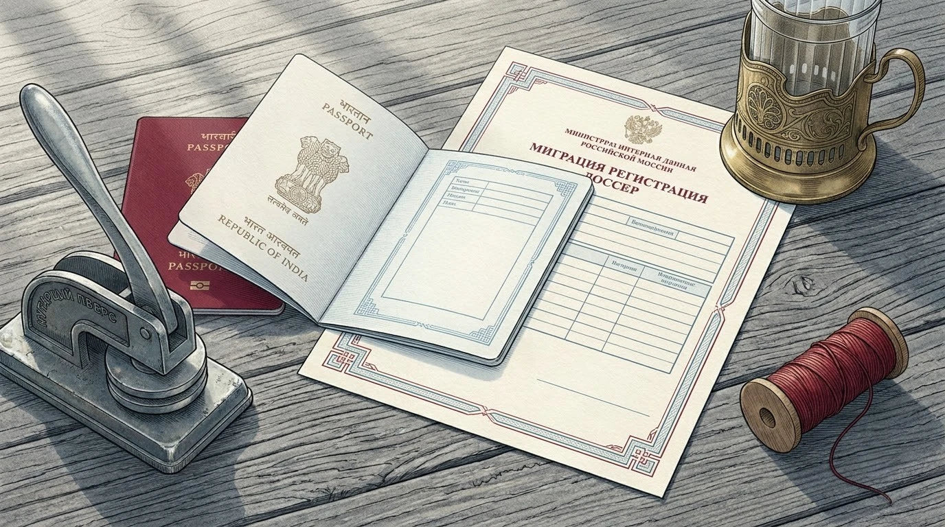 Illustration of an Indian Passport on a weathered grey driftwood university registration desk with a Cyrillic notary press and red binding thread for Russian student visa translation.