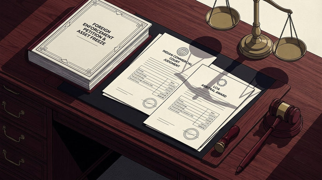 Illustration of an International Arbitral Award on a mahogany judicial desk with a brass scale and gavel for certified litigation translation.