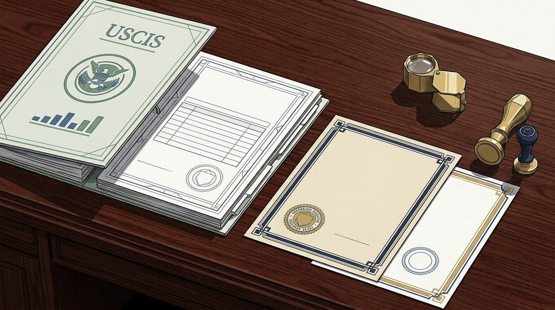 Illustration of an Indian Vital Record on a mahogany legal desk with a notary embosser and brass loupe for USCIS certified immigration translation.
