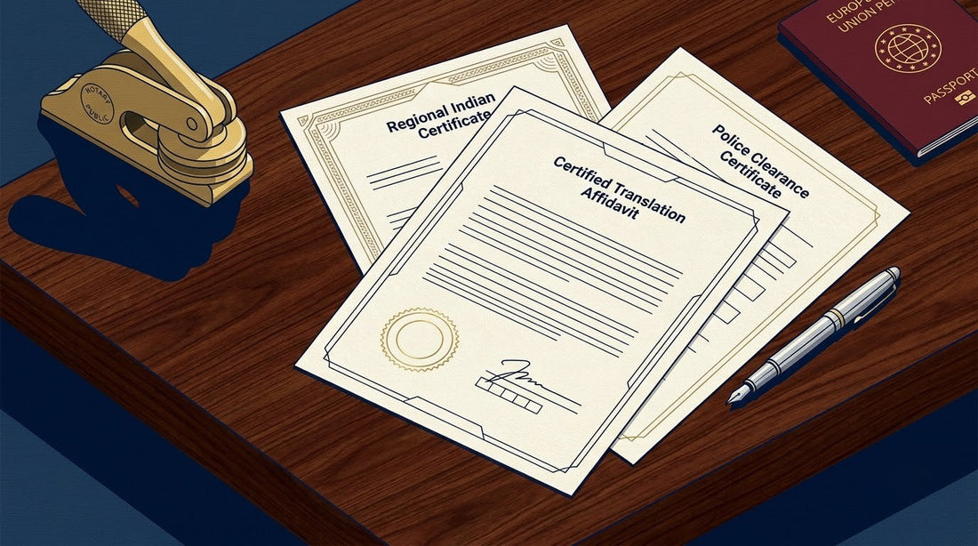 Illustration of a Certified Translation Affidavit on a teak desk with a notary embosser and EU passport for German Consulate and VFS visa compliance.