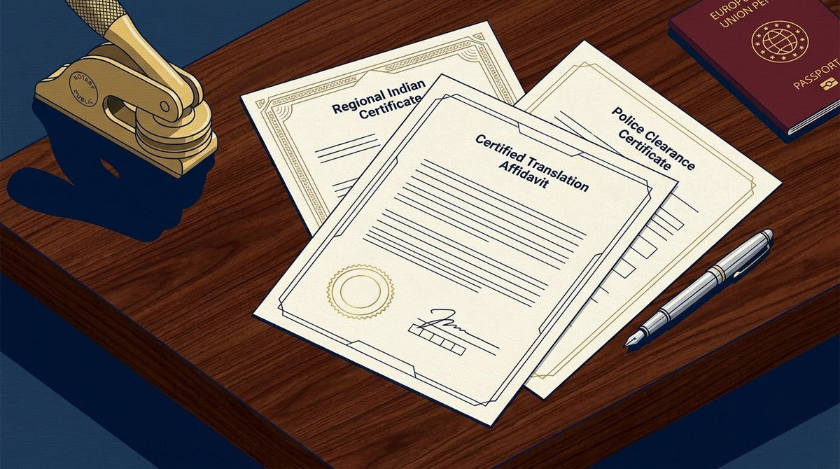 Illustration of a Certified Translation Affidavit on a teak desk with a notary embosser and EU passport for German Consulate and VFS visa compliance.
