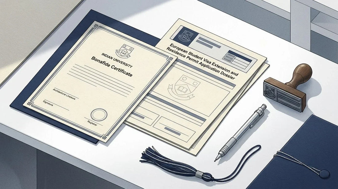 Illustration of an Indian Bonafide Certificate on a smooth white Corian registrar desk with a rubber stamp and graduation tassel for student visa translation.