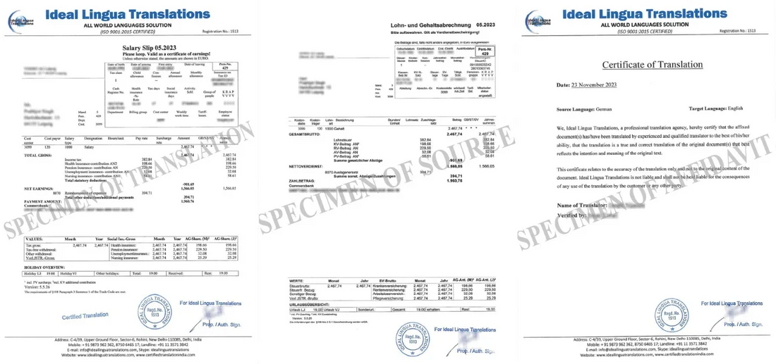 Real example of a Certified English Translation of a German Salary Slip (Gehaltsabrechnung) with official agency stamps for Indian bank loan approval.