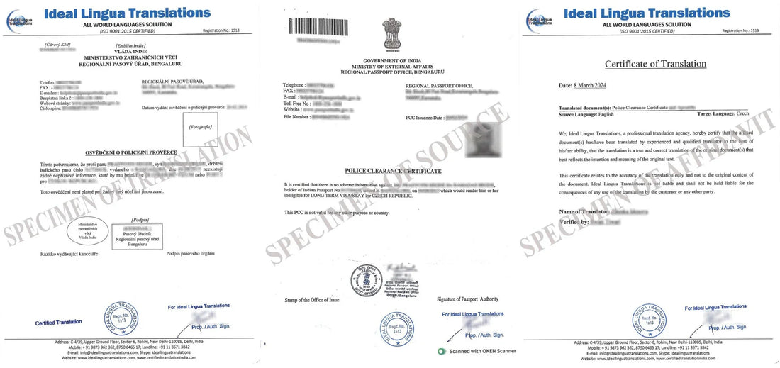 Real example of a Certified Czech Translation of an Indian Police Clearance Certificate (PCC) with official MEA Apostille translation for long-term visa approval.