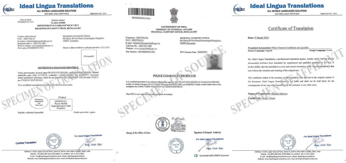 Real example of a Certified Czech Translation of an Indian Police Clearance Certificate (PCC) with official MEA Apostille translation for long-term visa approval.
