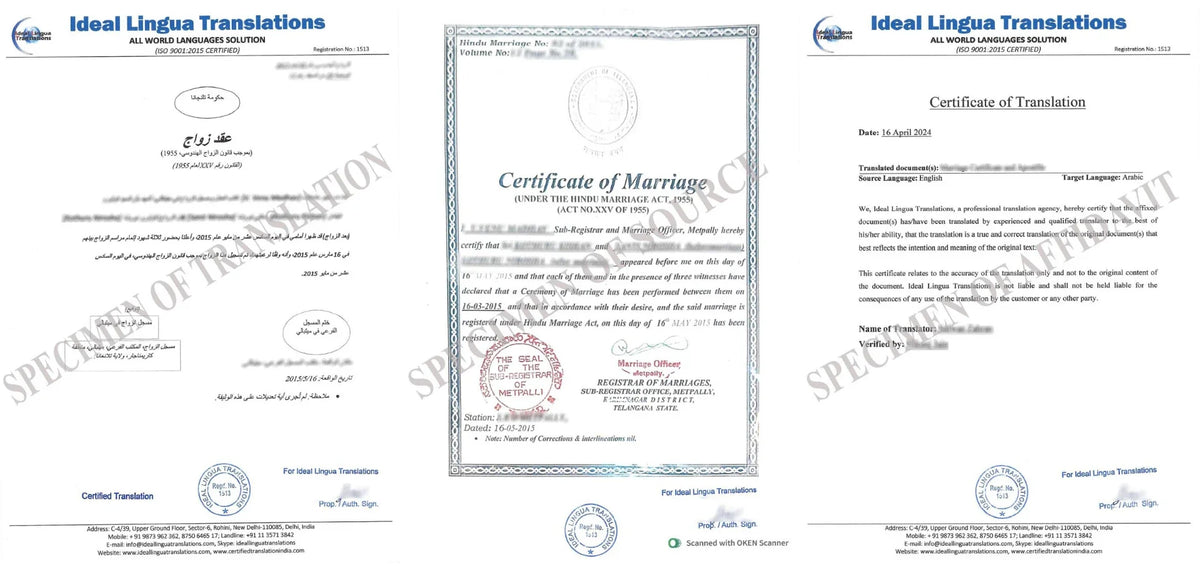 Real example of a Certified English to Arabic Translation of an Indian Marriage Certificate with official agency stamps for UAE and Saudi spouse visa approval.