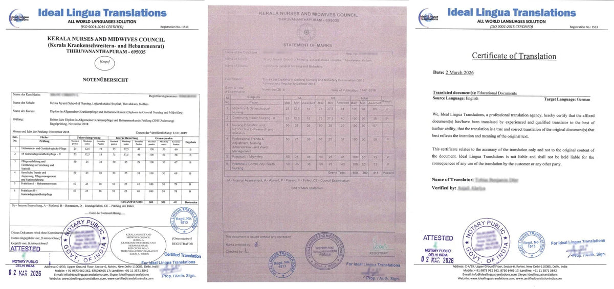 Real example of a Certified German Translation of an English Nursing Marksheet with official agency stamps for Anerkennung and university admission in Germany.