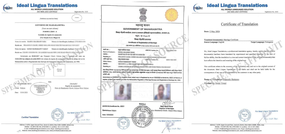 Real example of a Certified English to Portuguese Translation of an Indian Marriage Certificate with official agency stamps for spouse visa and immigration approval.