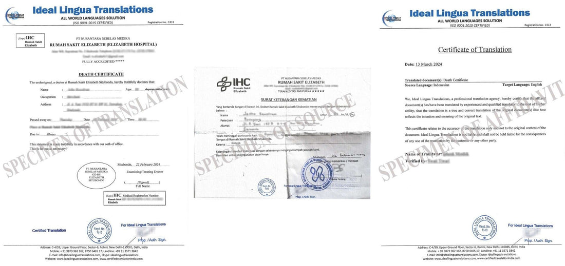 Real example of a Certified English Translation of an Indonesian Death Certificate (Akta Kematian) with official agency stamps for repatriation and insurance claims.