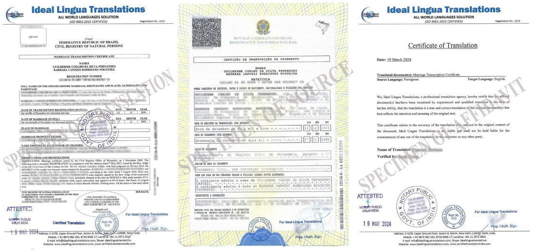 Real example of a Certified English Translation of a Portuguese Marriage Certificate (Certidão de Casamento) with official agency stamps for visa and passport approval.