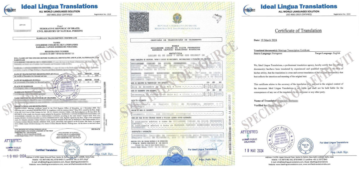 Real example of a Certified English Translation of a Portuguese Marriage Certificate (Certidão de Casamento) with official agency stamps for visa and passport approval.