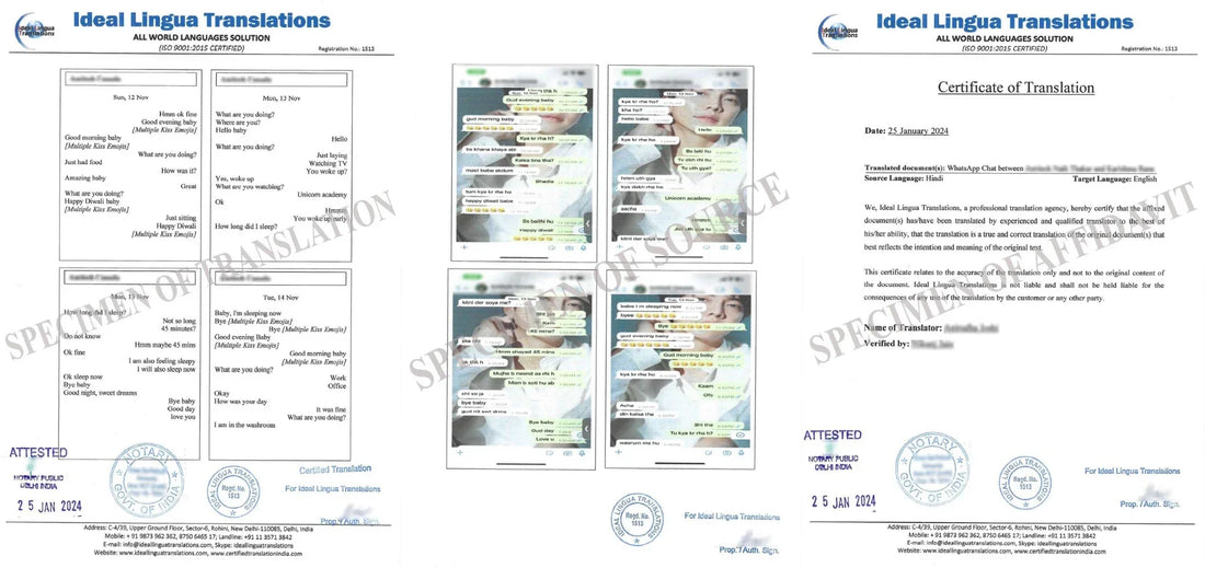 Real example of a Certified English Translation of WhatsApp Chat history for USCIS spouse visa and court evidence by Certified Translation India.