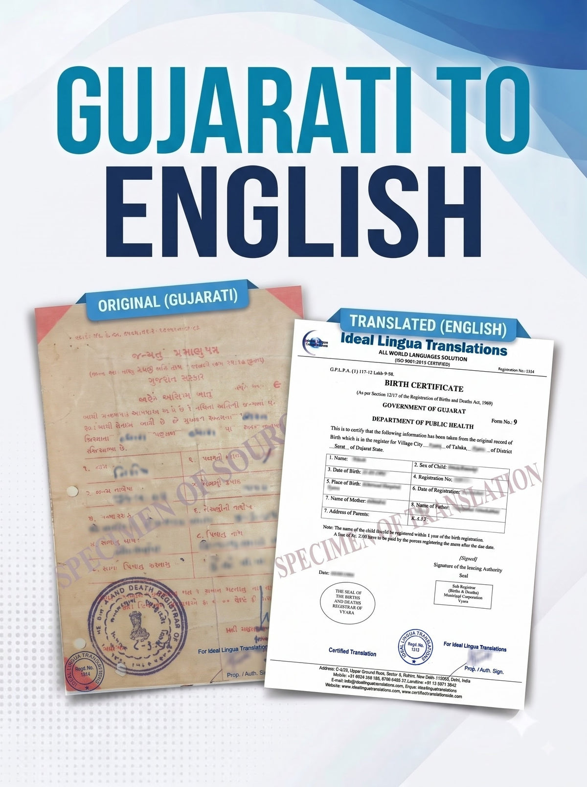 Gujarati to English Certified Translation of Birth Certificate, Marriage Certificate and other Documents