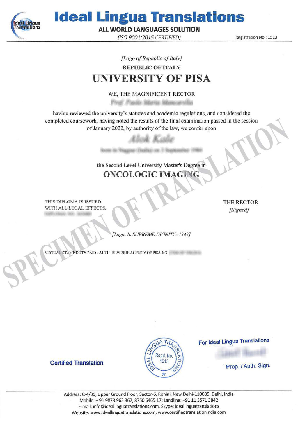 Italian to English Certified Translation of Degrees, Certificates & Other Legal Documents