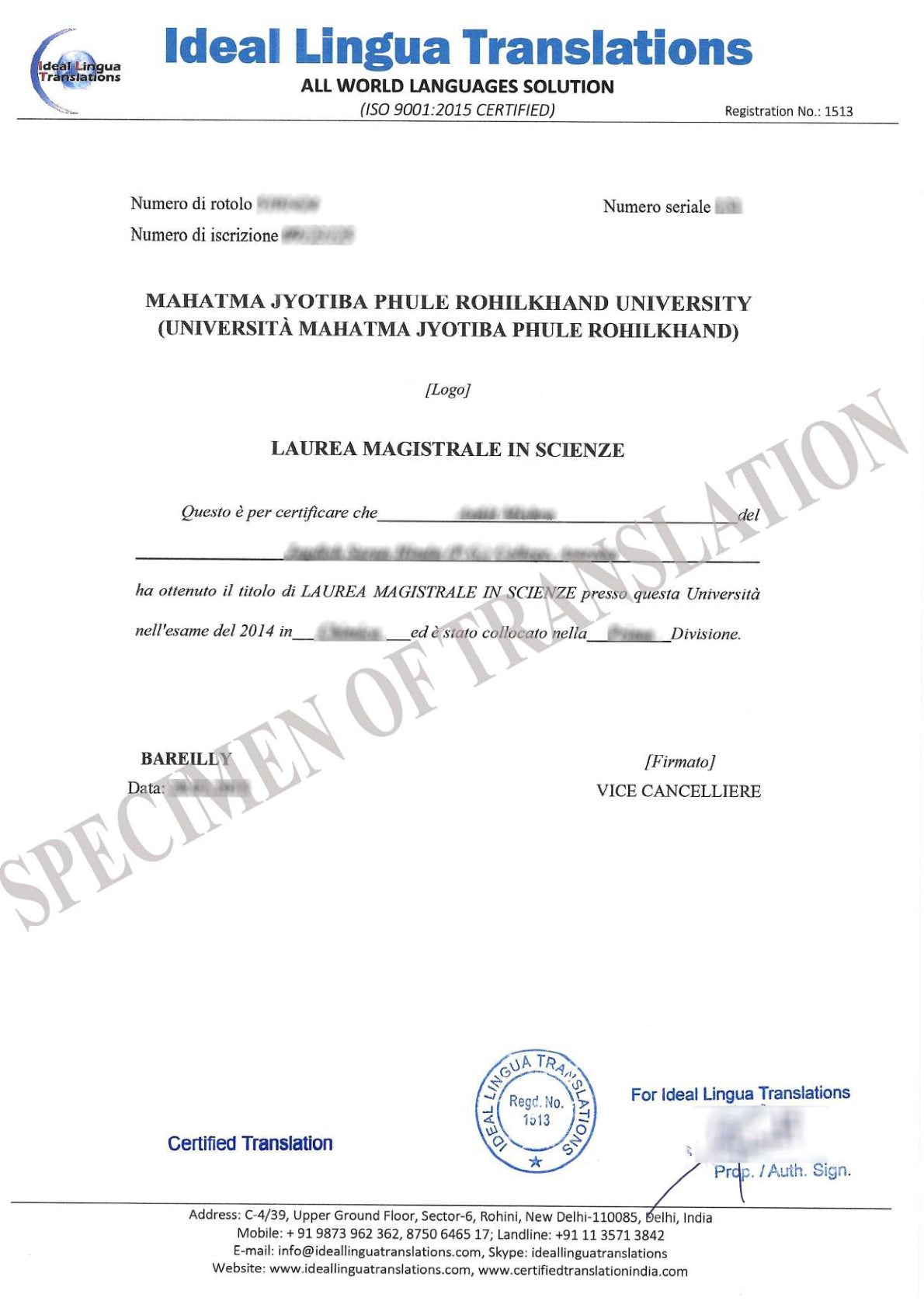 English to Italian Certified Translation of Degrees, Certificates & other Legal Documents