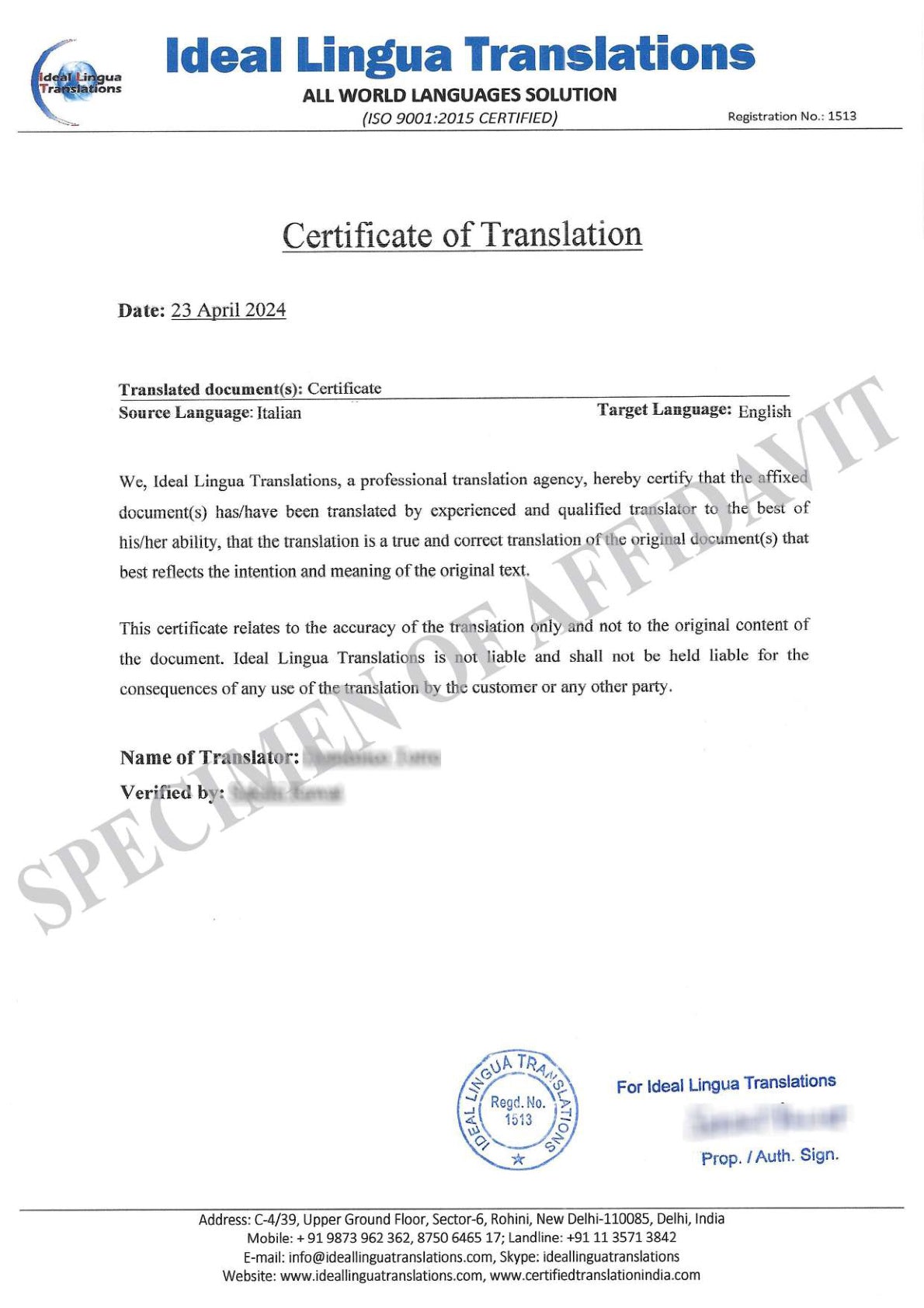 Italian to English Certified Translation of Degrees, Certificates & Other Legal Documents