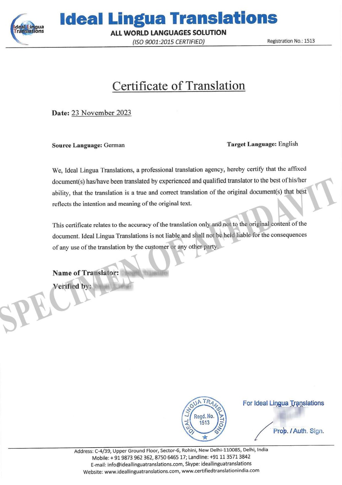 German to English Certified Translation of Degrees, Certificates & Other Legal Documents