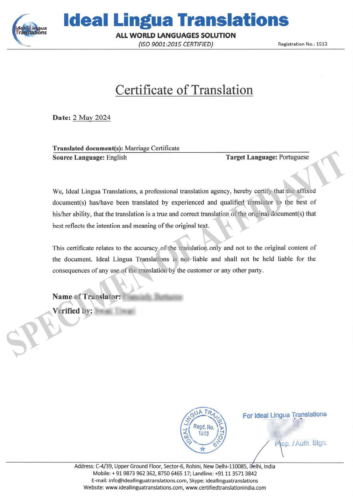 English to Portuguese Certified Translation of Degrees, Certificates & other Legal Documents