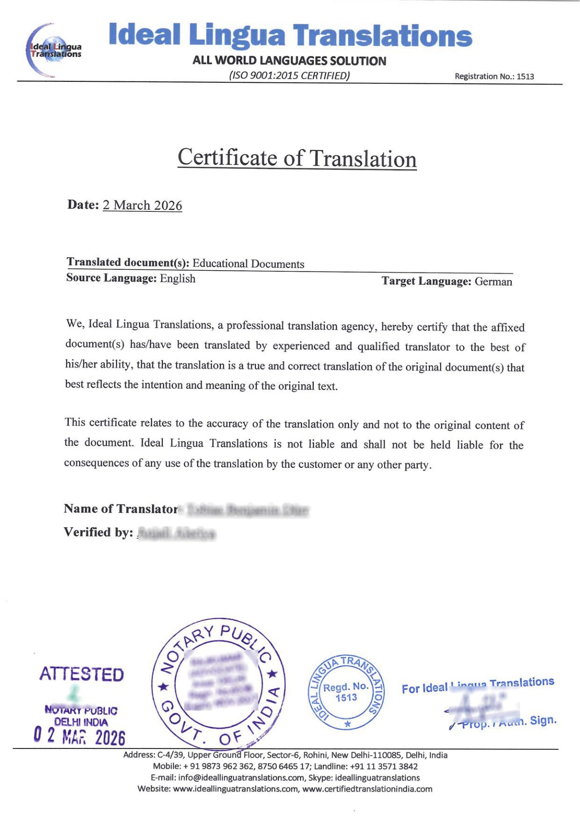 English to German Certified Translation of Degrees, Certificates & other Legal Documents